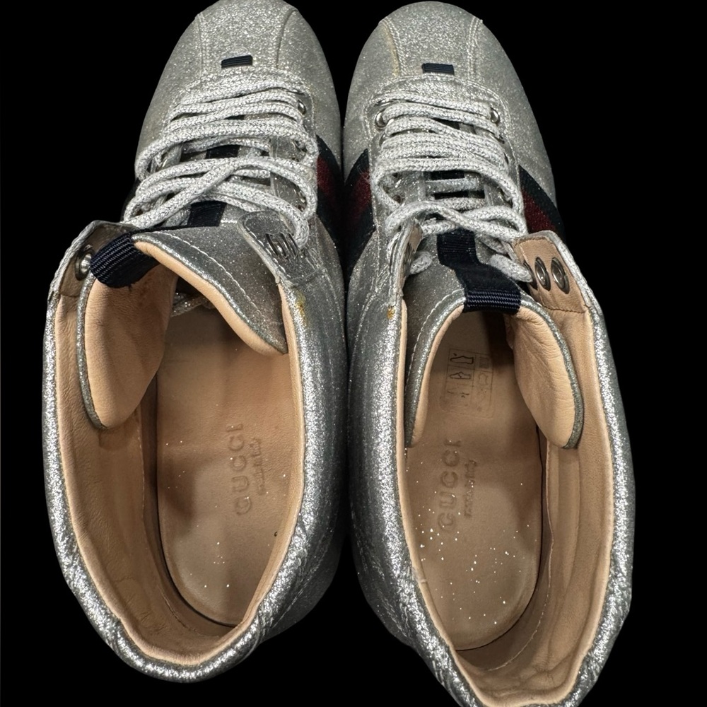 Gucci Bambi Silver Glitter High Top Sneakers EU38 Web Stripe Italy Luxury - Picture 5 of 9